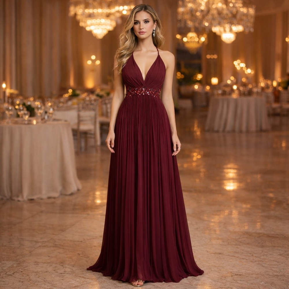 Maniju Evening Gown Pleated Burgundy Wine Small NWT Prom Romantic Cocktail